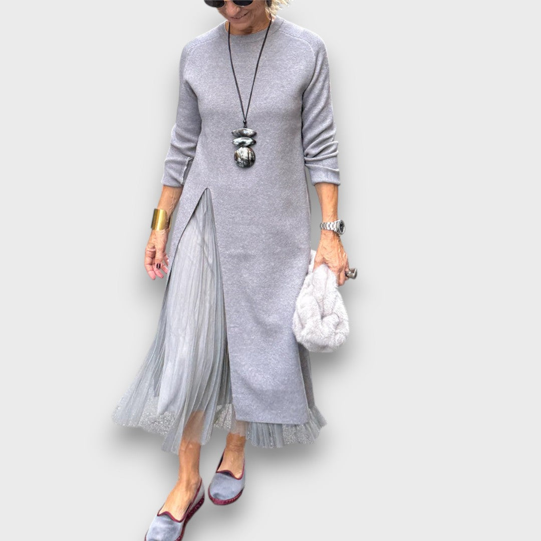 Aria | Layered Knit & Tulle Midi Dress Ash Grey