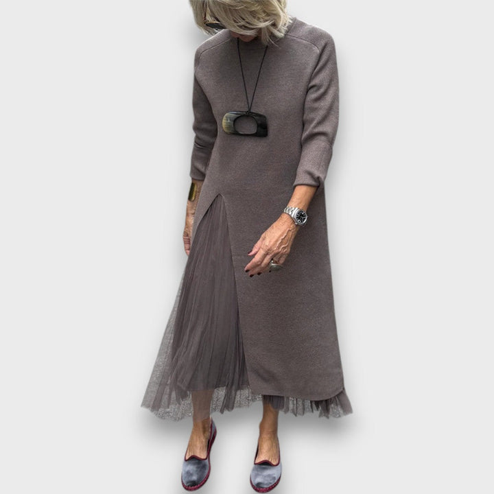 Aria | Layered Knit & Tulle Midi Dress Taupe