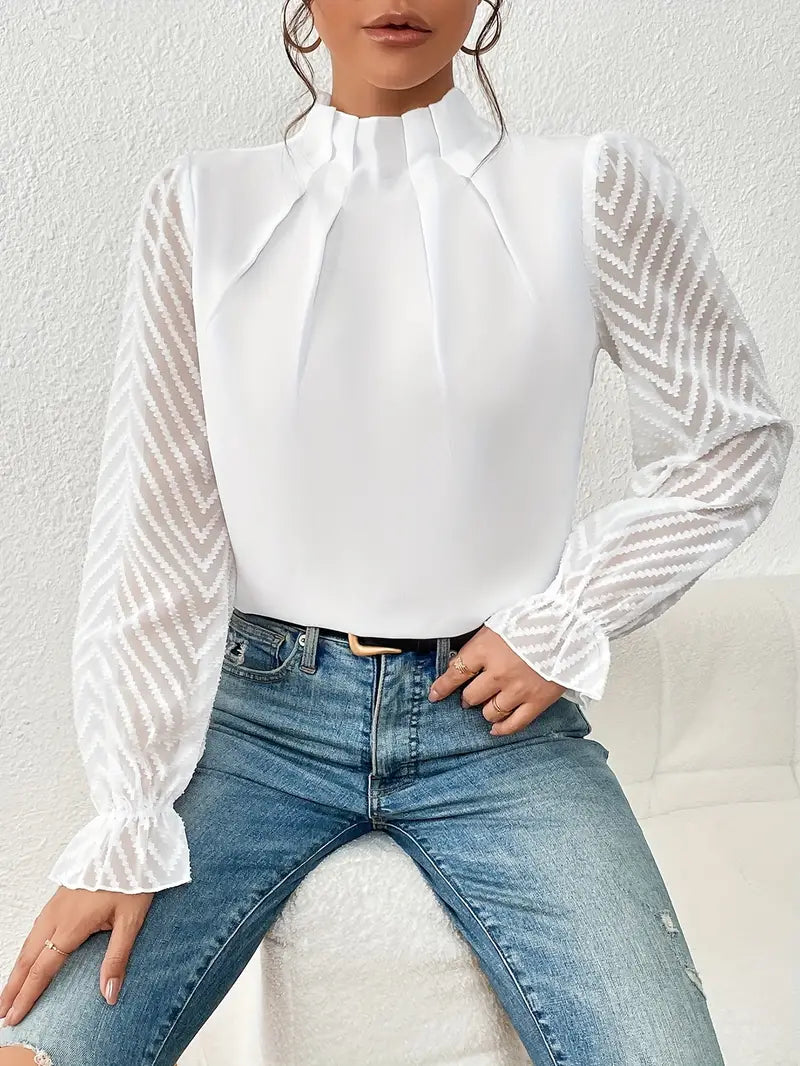 May Britt | Chic Pleated Top with Sheer Mesh Sleeves for Women White
