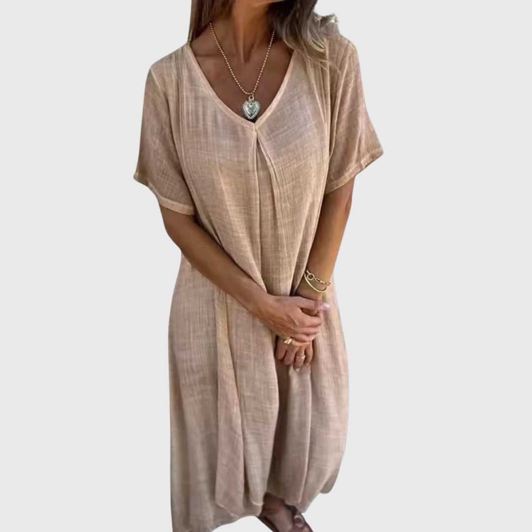 Nelle | Elegant Lightweight V-Neck Dress Beige