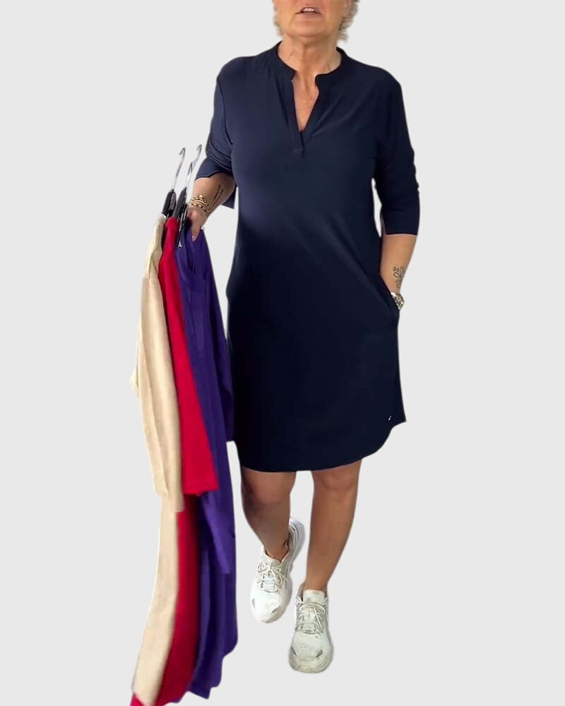 Clarissa | Solid V-Neck Dress Dark Blue