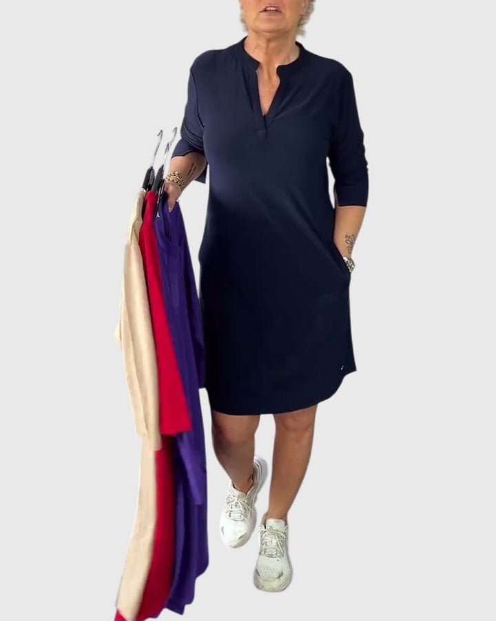 Clarissa | Solid V-Neck Dress Dark Blue