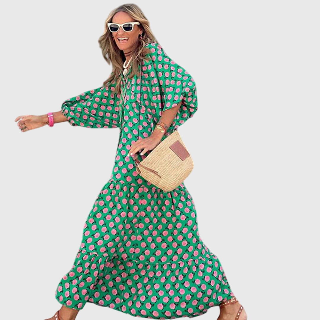 Yvette | Boho Maxi Dress Green-Pink