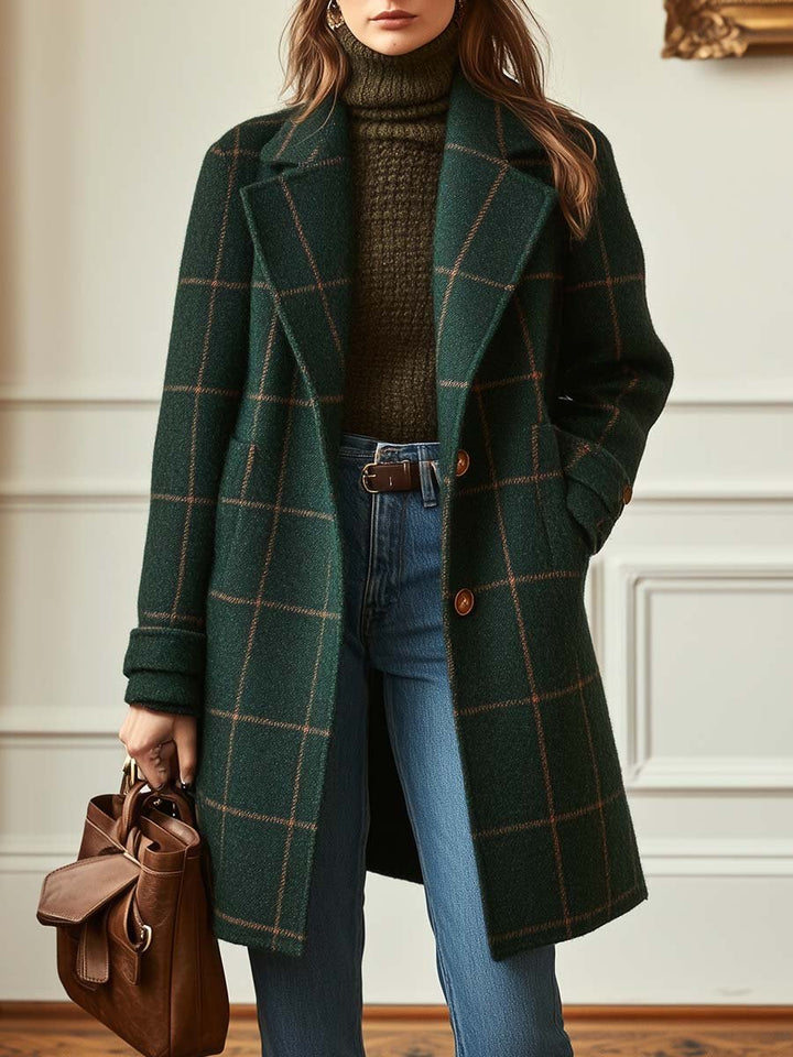 Sheron | Retro Lapel Plaid Tweed Coat Dark Green
