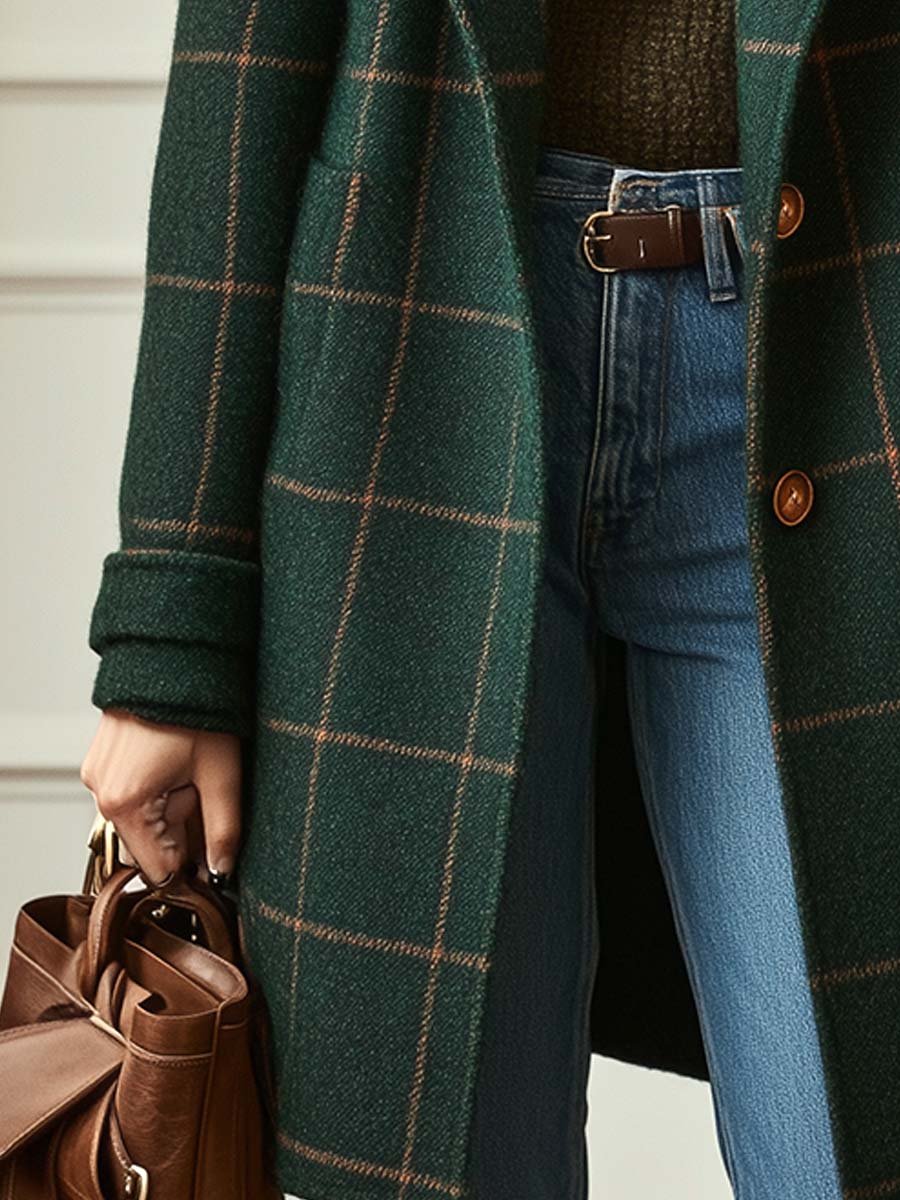 Sheron | Retro Lapel Plaid Tweed Coat