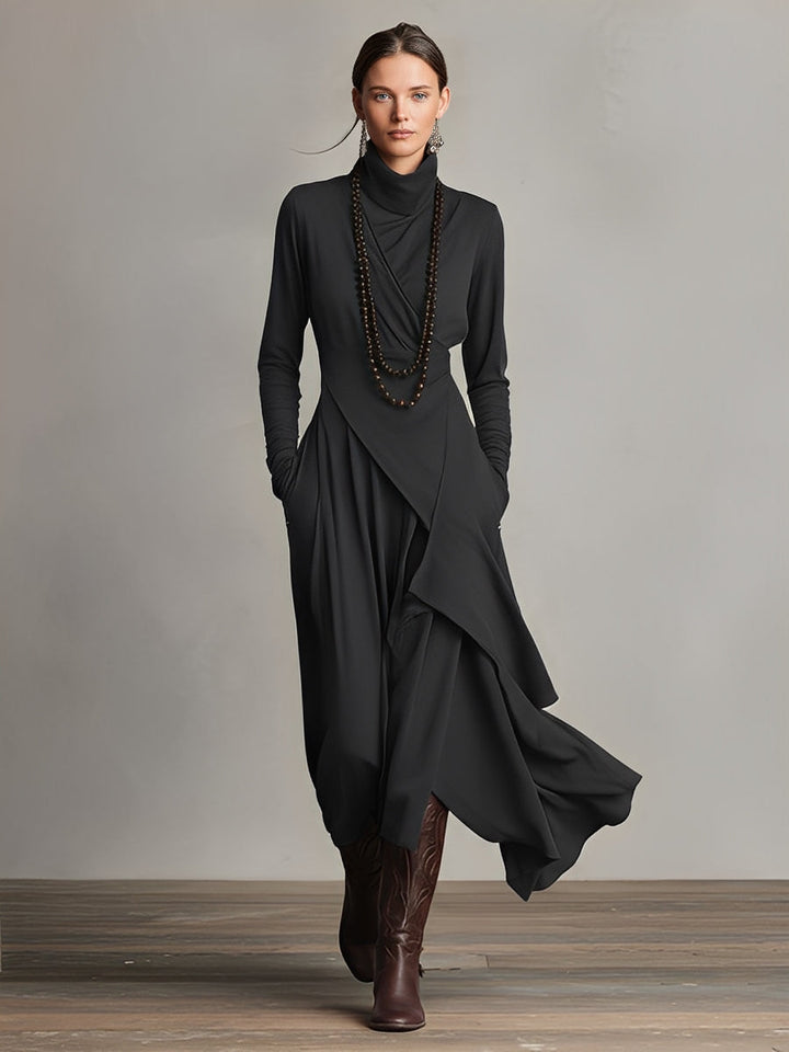 Natalia | Asymmetrical Maxi Knit Dress Black