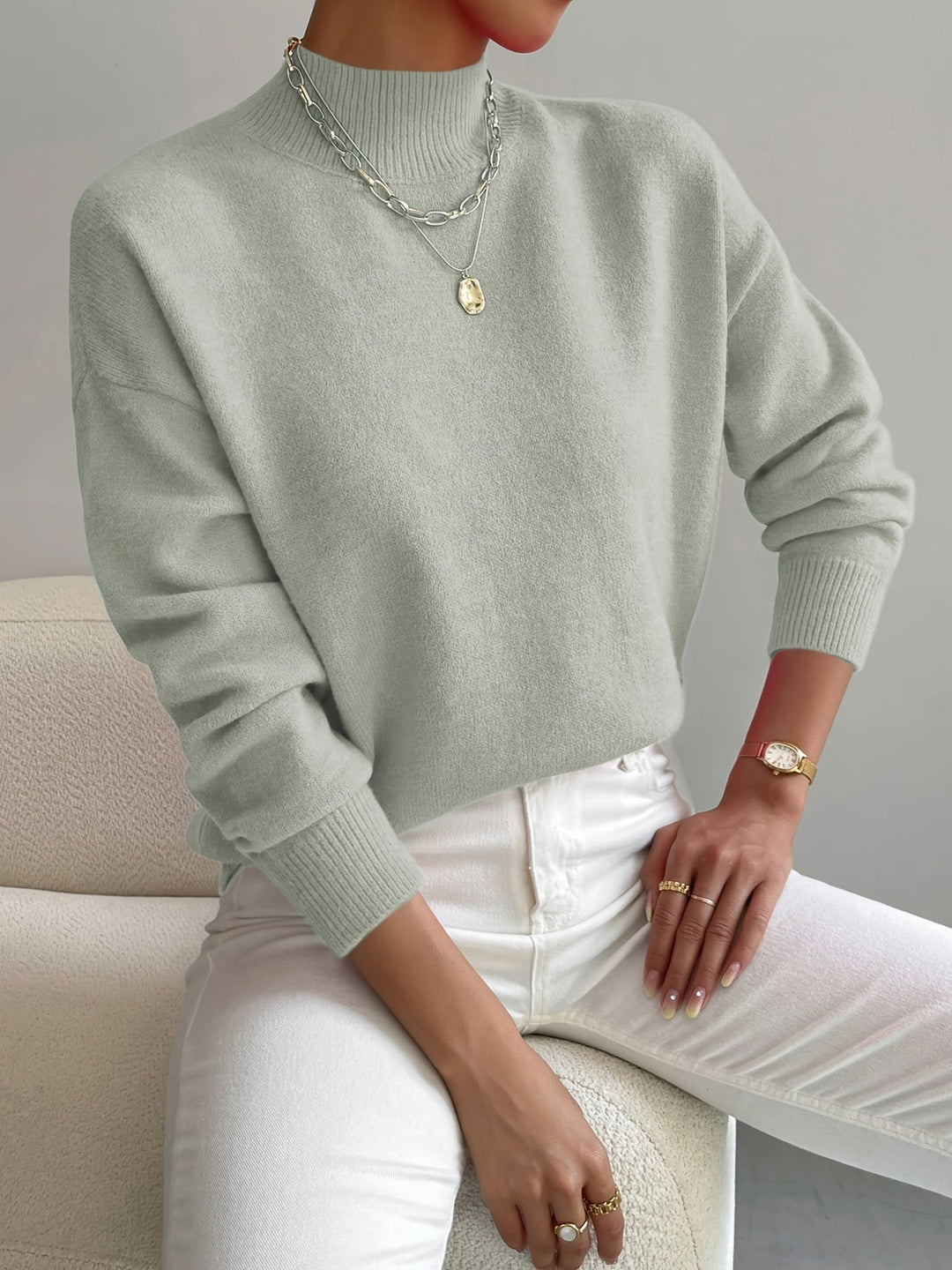 Deborah | Warm Knit High-Collar Sweater Light Green