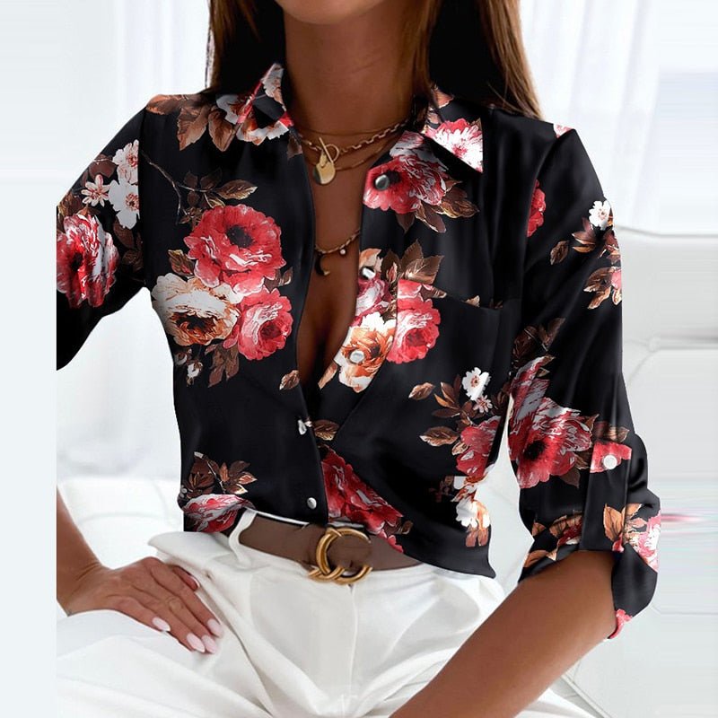 Eldbjørg | Elegant Blouse with Collar Black Pink Flowers