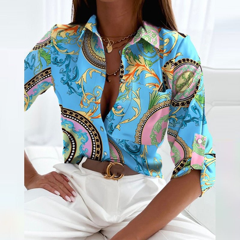 Eldbjørg | Elegant Blouse with Collar Blue Pattern