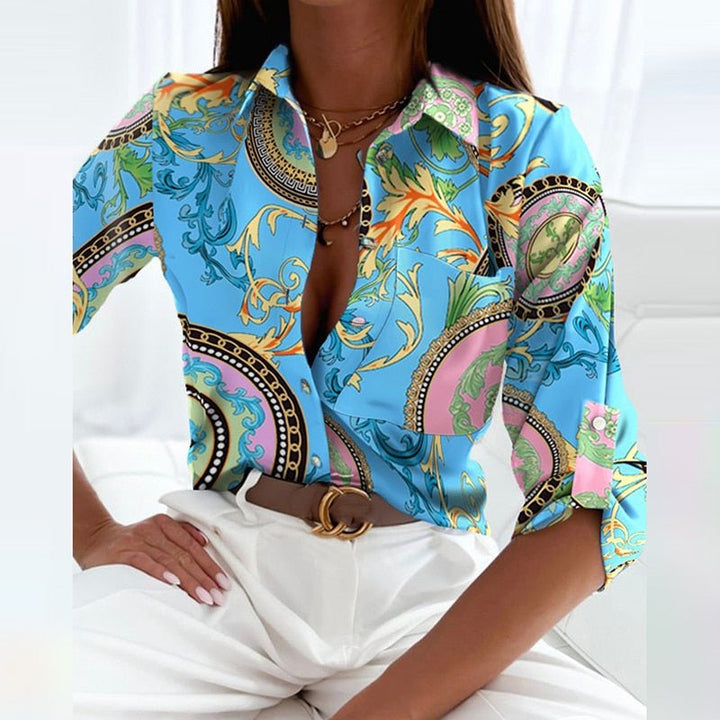 Eldbjørg | Elegant Blouse with Collar Blue Pattern